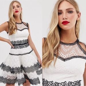 Bronx & Banco Alexa Mini Dress Skater Eyelet Ruffle White Black Sleeveless 6